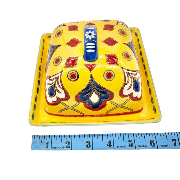 Dutch Wax Handpainted Ceramic Covered Butter Dish Square Yellow Colorful Vibrant - Picture 9 of 11